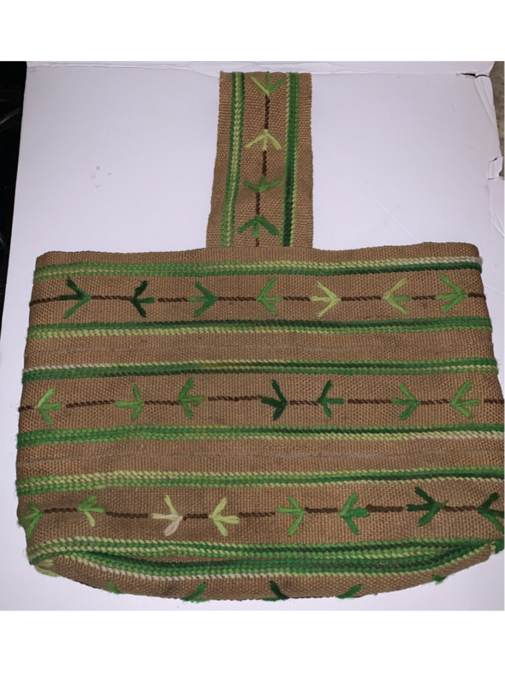 Vtg Boho Burlap Tote Elbow Bag Purse Yarn Hand-Embroidered 1960 70's Green Retro